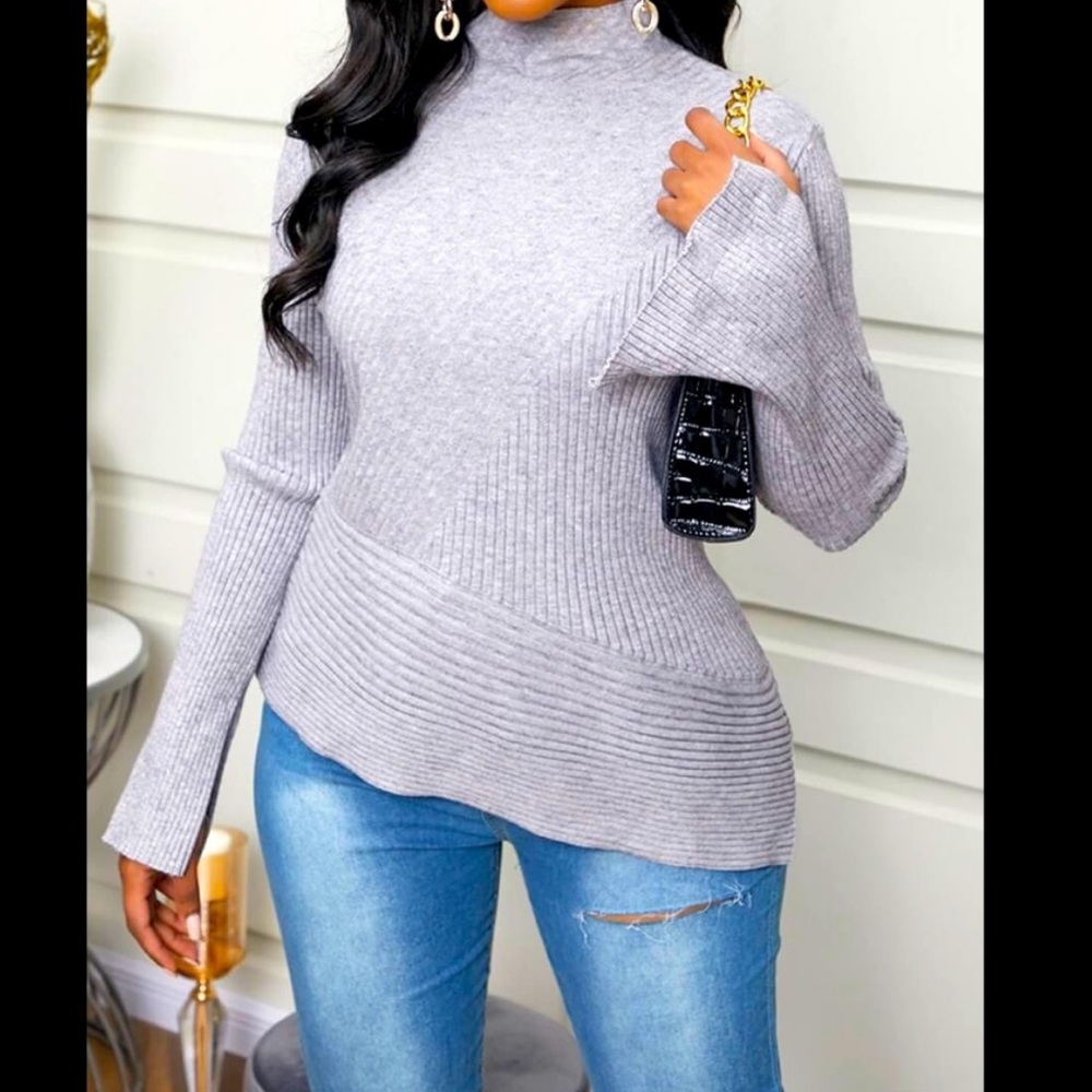 Sexy Grey Rib Knit Asymmetrical Flare Cuff High Crew Neck W/Side Split Sweater